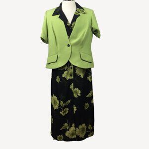 Dressbarn Woman Black Floral Dress Green Jacket Set Work Office Church Size 16W